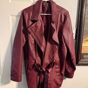 Baccini Burgundy Faux Leather Belted Trench Coat